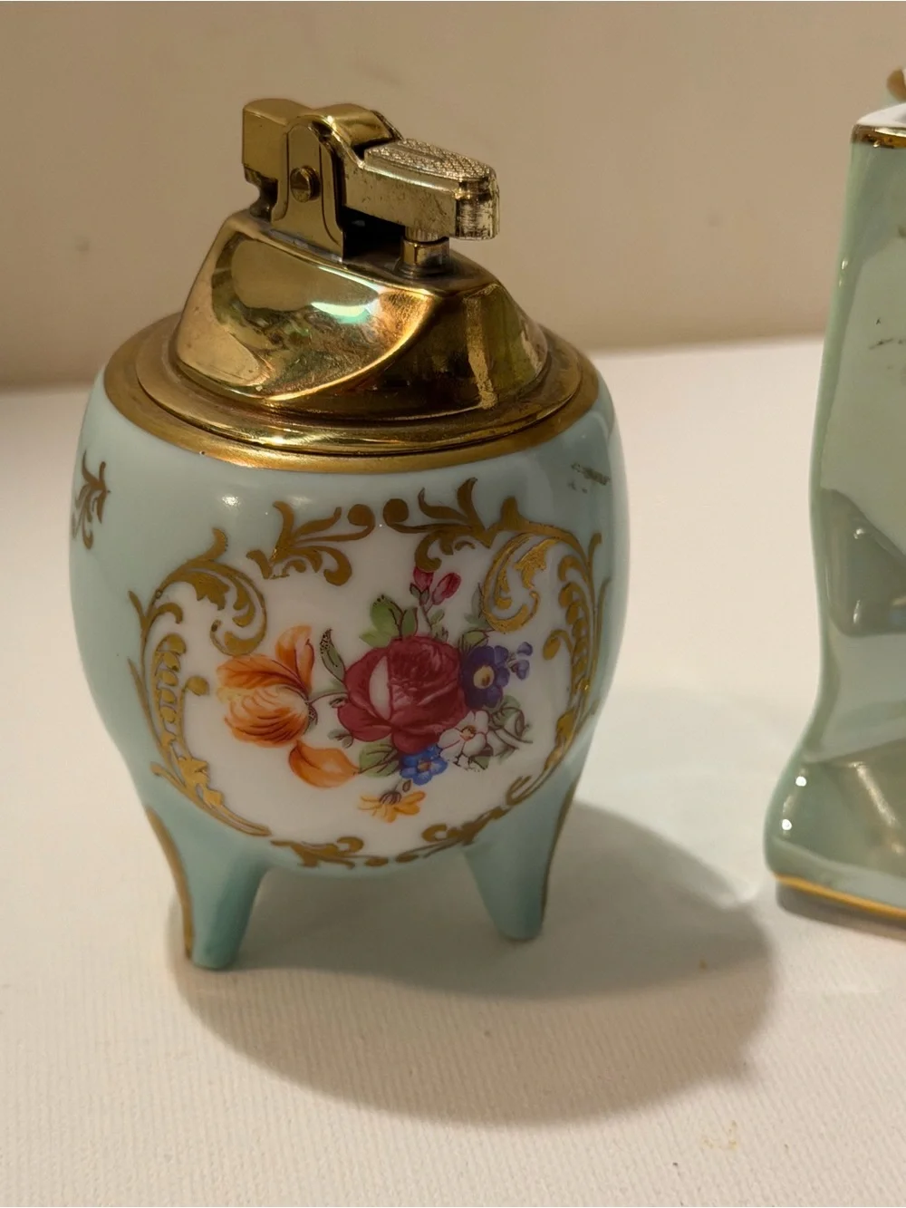Porcelain Floral Table Lighter in Light Blue and Gold